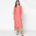 Cheera Hand Block Print Pitch & Skin Color Straight Kurta With Palazzo (MAAI-072K) | Grocsy