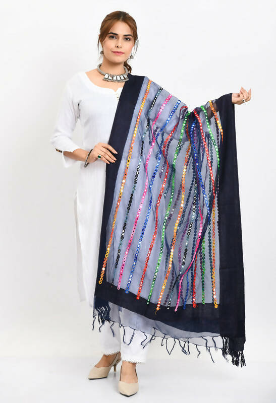 Mominos Fashion Moeza Women's Orgenza Multi Thread Mirror Work Navy Blue Dupatta | Grocsy