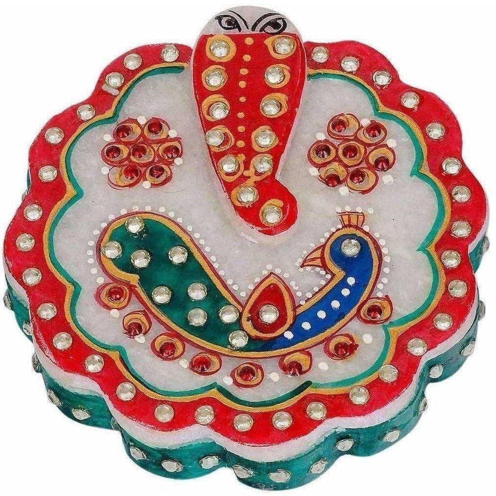 Handicraft Marble Hand Crafted Ganesh Chopra, Kumkum Box | Grocsy