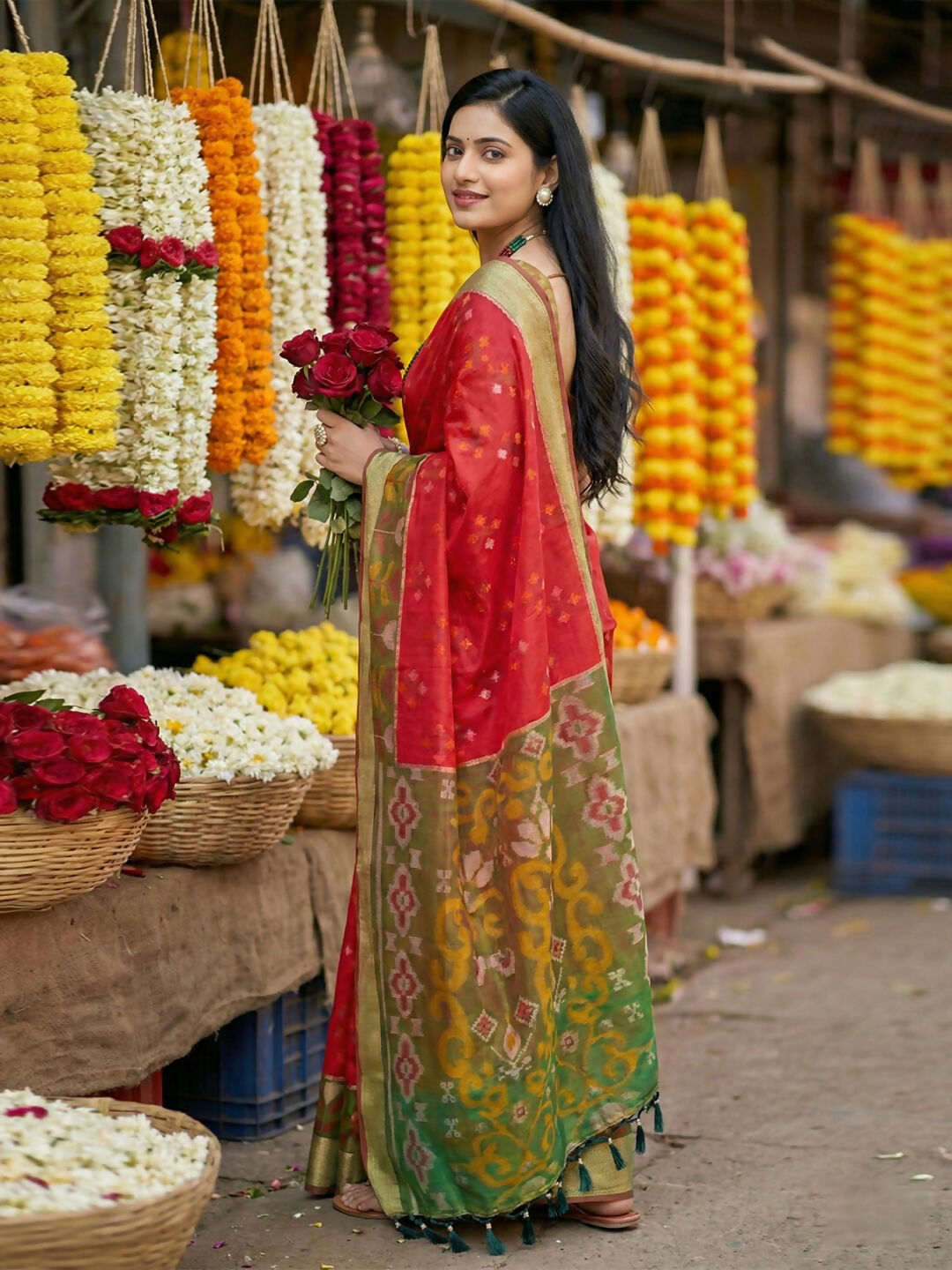 Shree Shyam Fashion Red Pochampally Silk Saree | Grocsy
