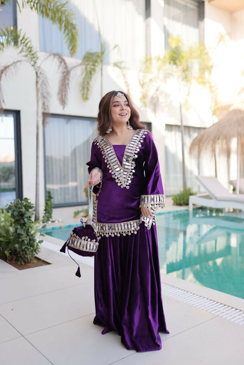 Joban Fashion Purple Kurta Set Velvet Embroidery Sequence Work | Grocsy