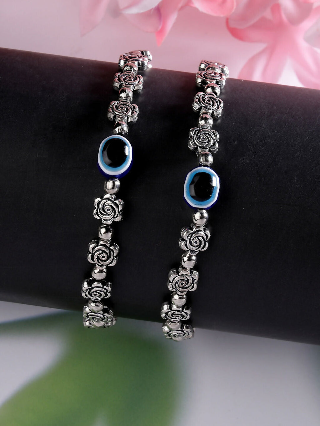 NVR Women's Evil Eye Black Silver Plated Adjustable Anklets | Grocsy