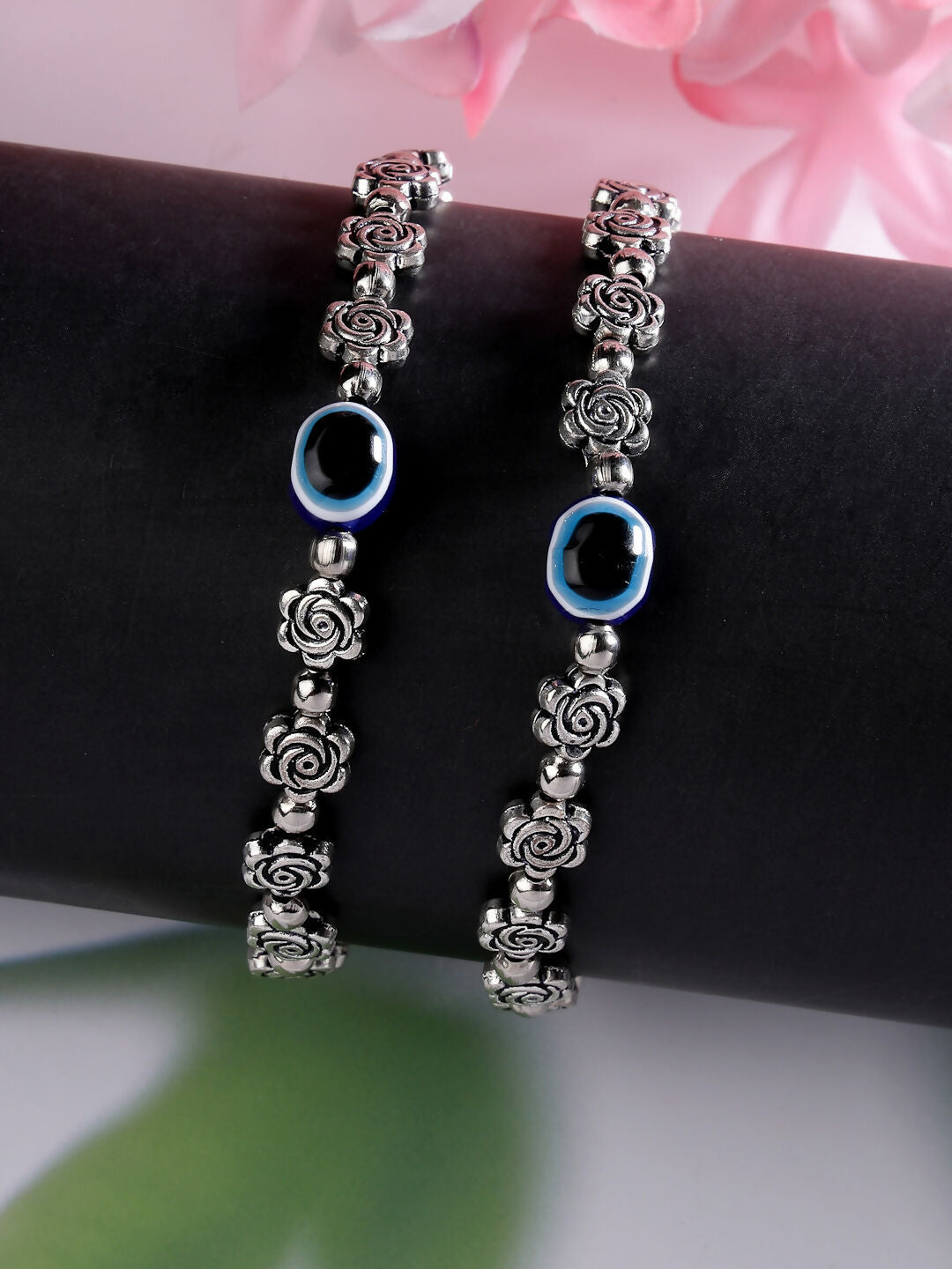 NVR Women's Evil Eye Black Silver Plated Adjustable Anklets | Grocsy