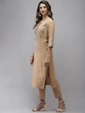 Yufta Women Beige & Charcoal Grey Ethnic Motifs Embroidered Kurta with Trouser & Dupatta | Grocsy