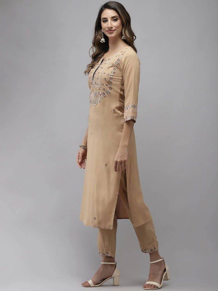 Yufta Women Beige & Charcoal Grey Ethnic Motifs Embroidered Kurta with Trouser & Dupatta | Grocsy