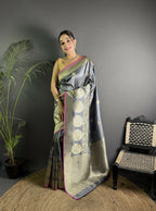 Joban Fashion Dark Grey Banarasi Soft Lichi Silk Paisley Saree | Grocsy