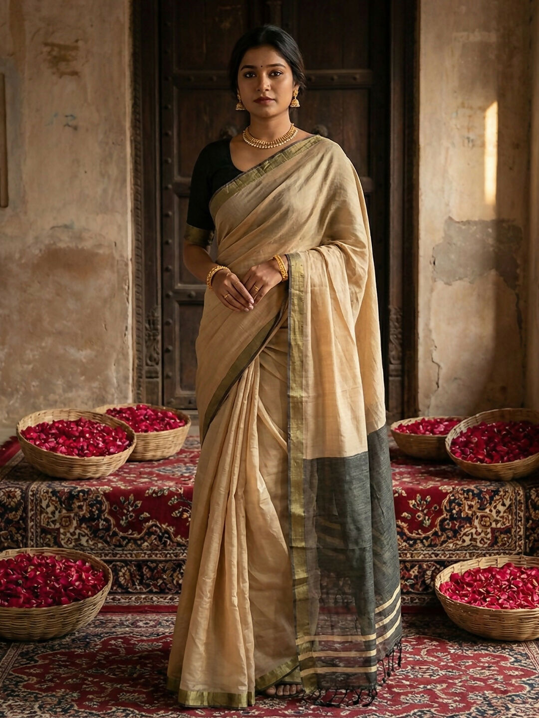 Shree Shyam Fashion Beige Cotton Saree | Grocsy