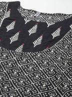 Yufta Women Black & Off-White Ethnic Motifs Printed Thread Work Cotton Kurta Set & Dupatta | Grocsy