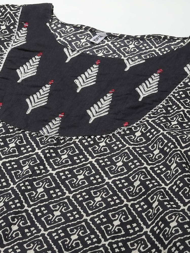 Yufta Women Black & Off-White Ethnic Motifs Printed Thread Work Cotton Kurta Set & Dupatta | Grocsy