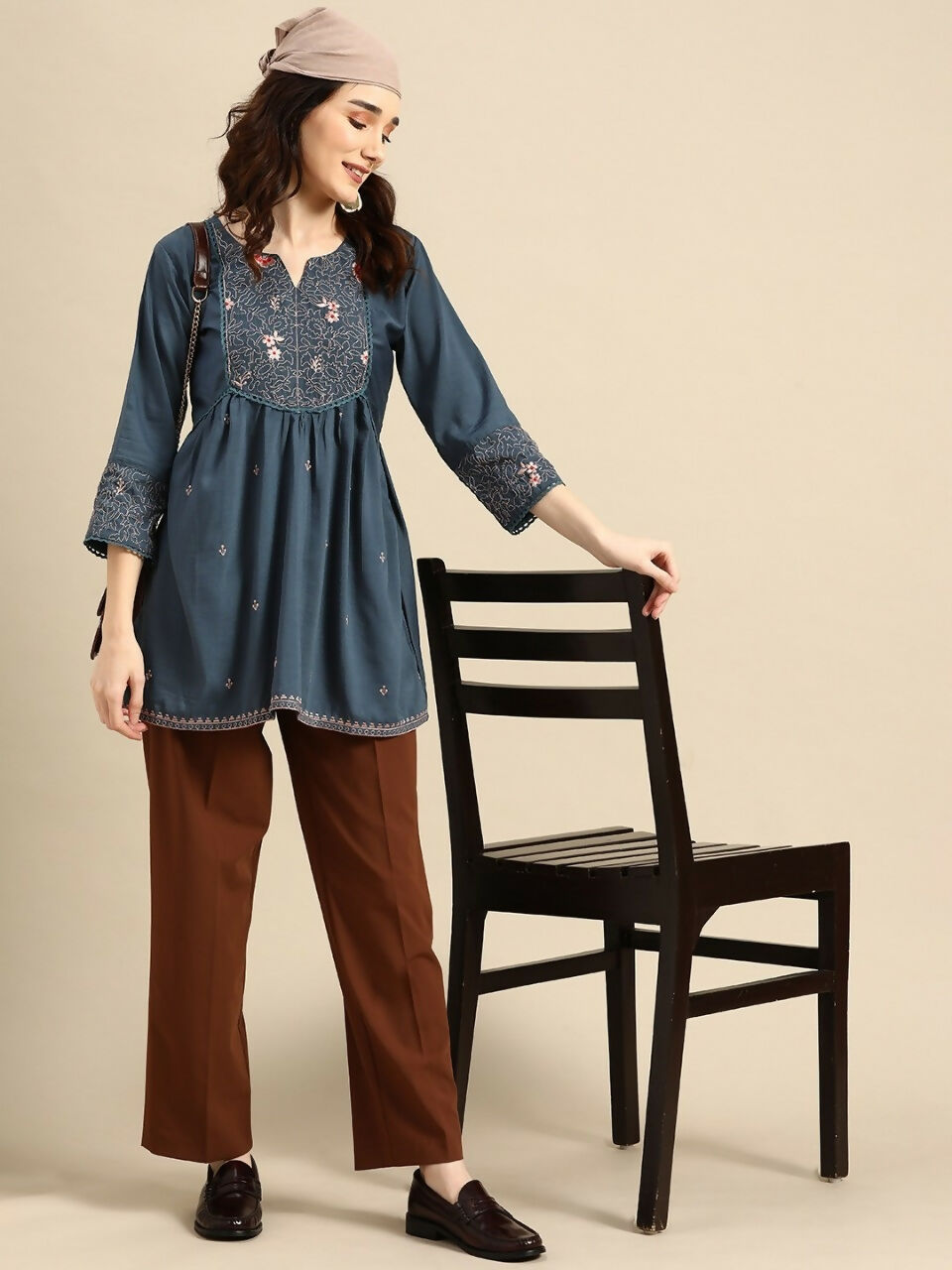 Women's Turquoise Blue Viscose blend Embroidered Short Top - Marina | Grocsy