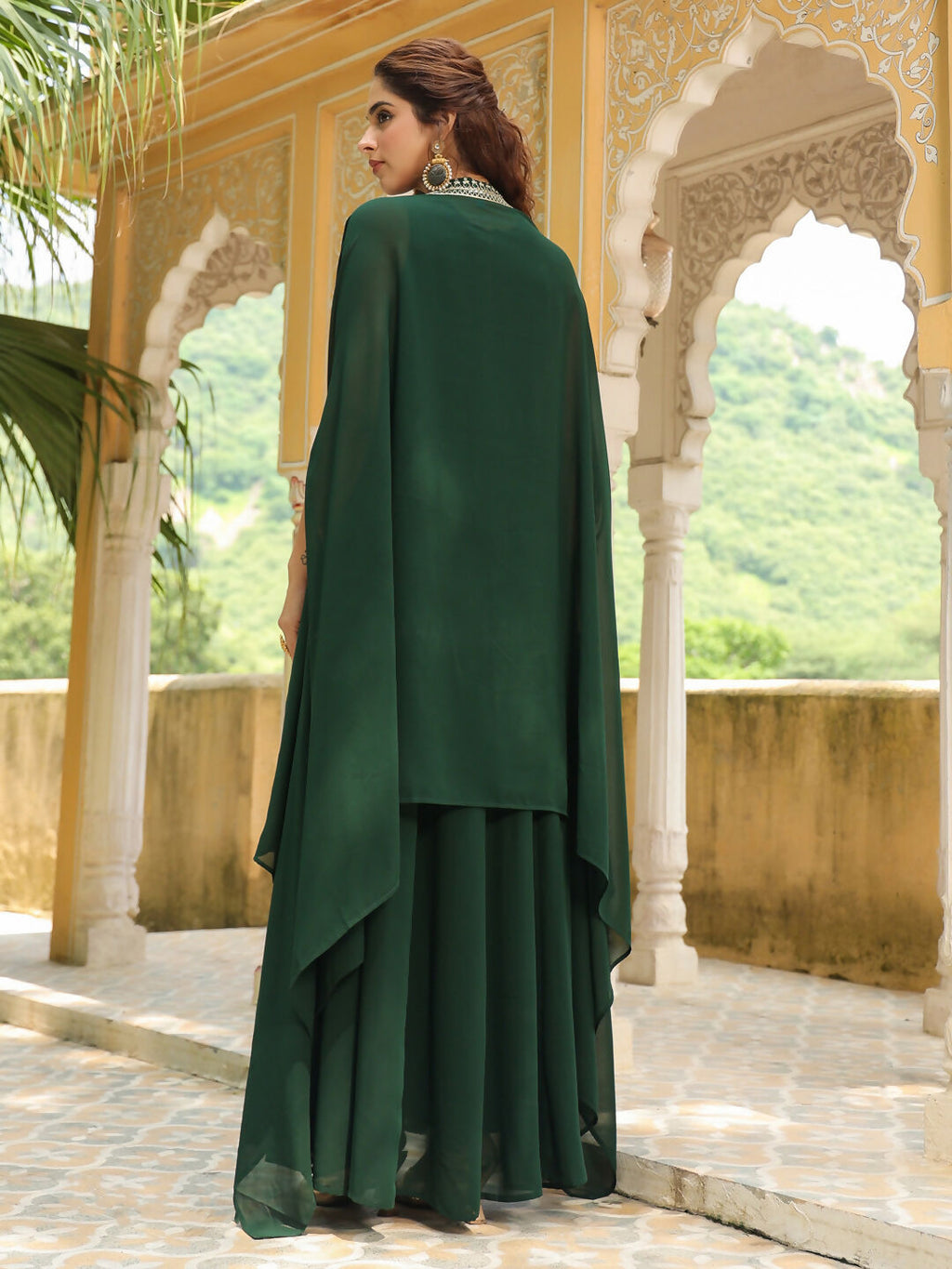 Janasya Dark Green Georgette Embroidered Dress & Jacket | Grocsy