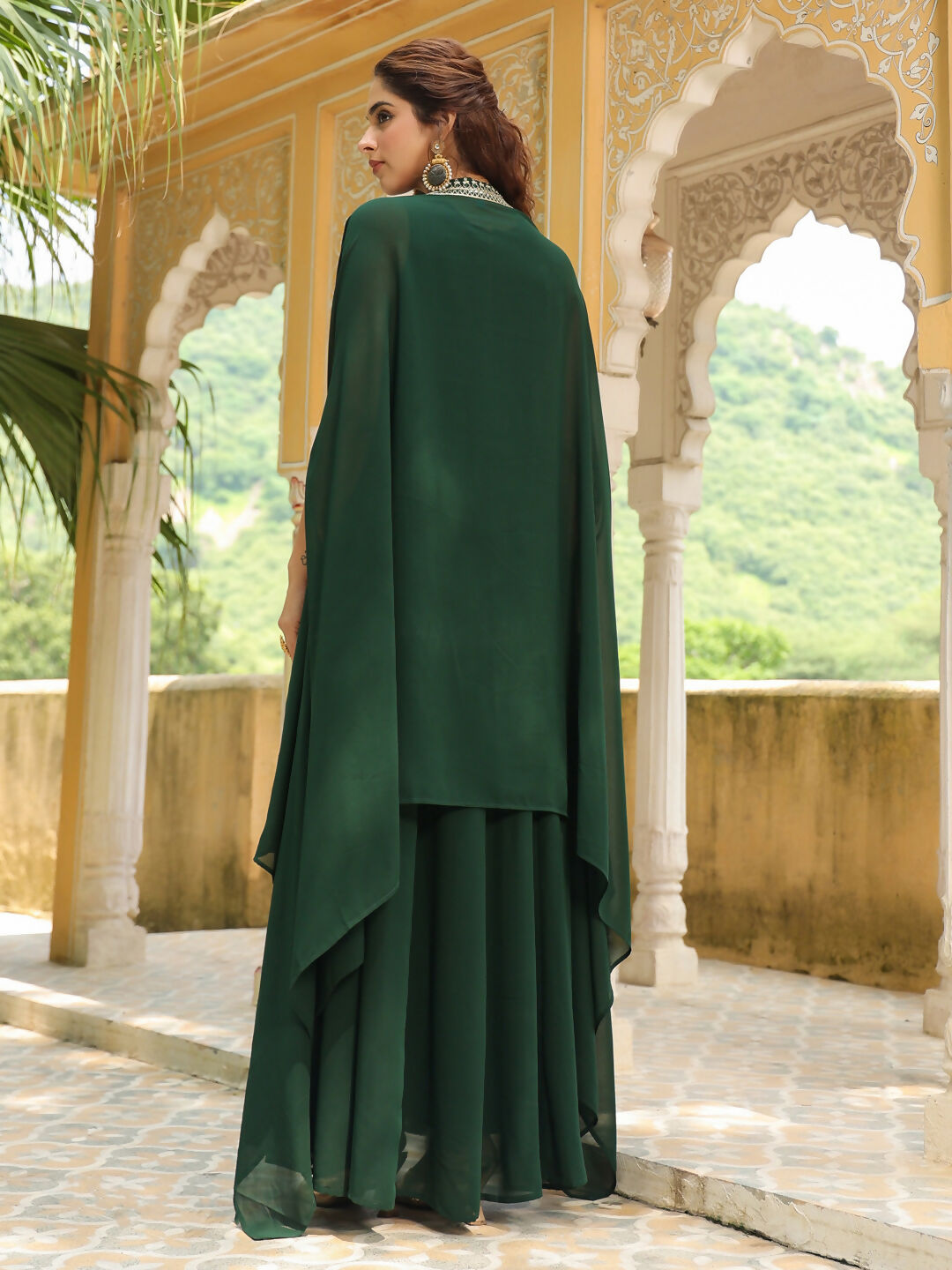 Janasya Dark Green Georgette Embroidered Dress & Jacket | Grocsy