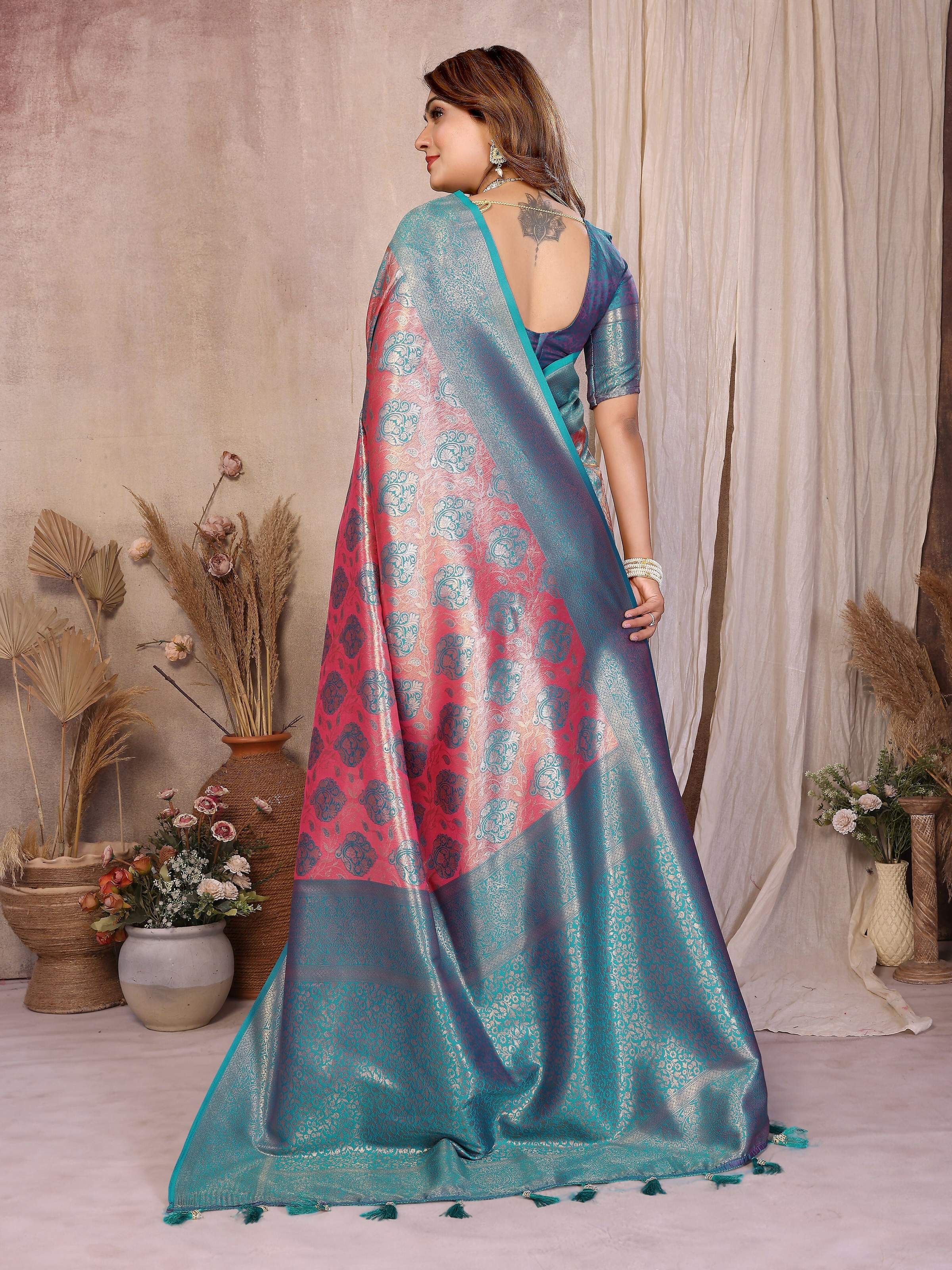 Aastha Fashion Aqua Banarasi Tissue Silk Weaving Saree | Grocsy