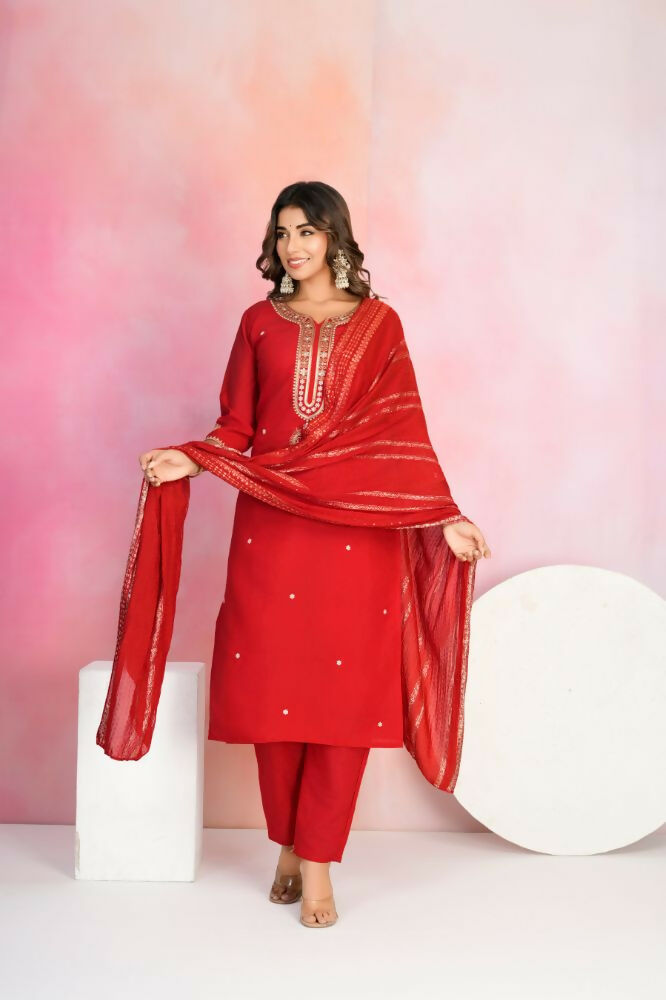 Ethnic Festive Wear Viscose Chanderi Red Stitched Suit With Dupatta - Tanisha | Grocsy