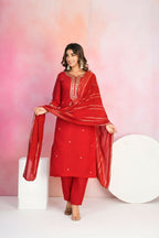 Ethnic Festive Wear Viscose Chanderi Red Stitched Suit With Dupatta - Tanisha | Grocsy