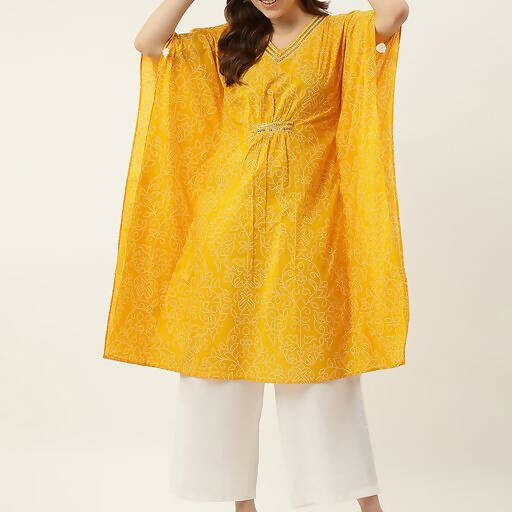 FIORRA Women's Printed Pure Cotton Kaftan Kurta - Yellow | Grocsy