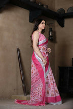 Prime Volt Linen Cotton Pink Printed Saree with Contrast Zari Border and Designer Blouse | Grocsy