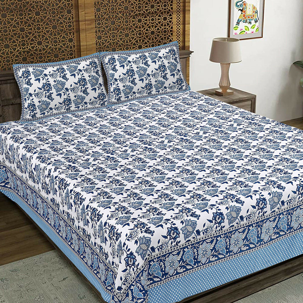 Rudra Bazaar Blue 210 TC Cotton Double King Bedsheet With 2 Pillow Covers | Grocsy