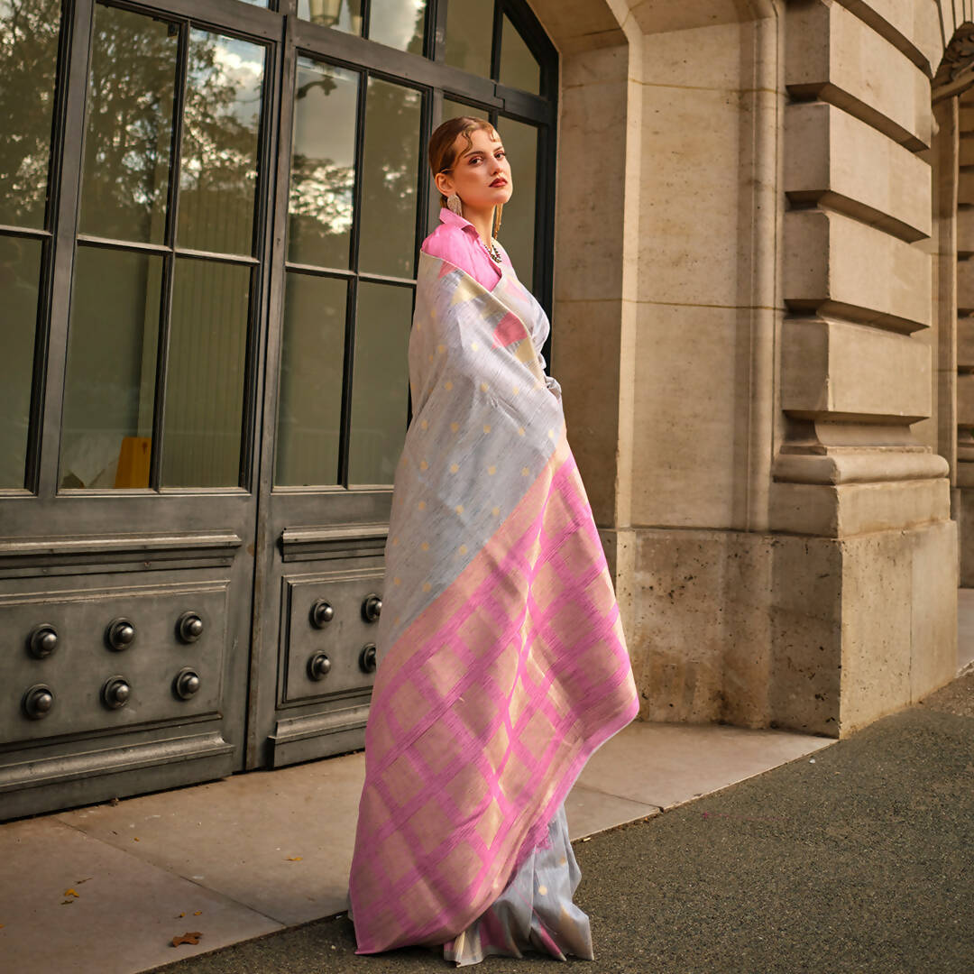 Coine Grey Handloom Khaddi Silk Saree With Contrast Pallu & Blouse - Rajtex Khwaab Silk | Grocsy