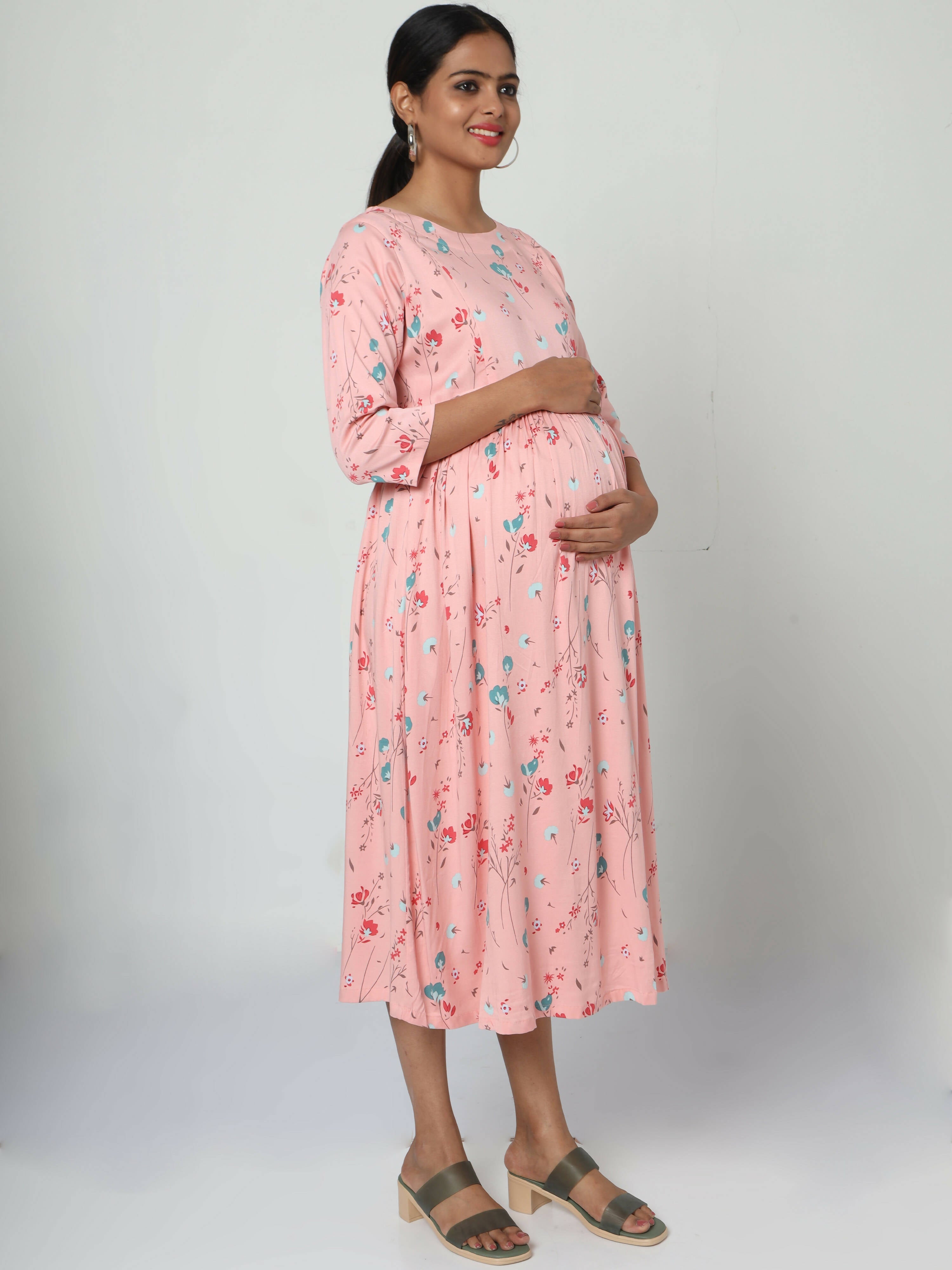 Manet Three Fourth Maternity Dress Floral Print With Concealed Zipper Nursing Access - Peach | Grocsy