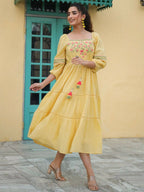 Juniper Women's Yellow Cotton Dobby Embroidered Flared Dress | Grocsy