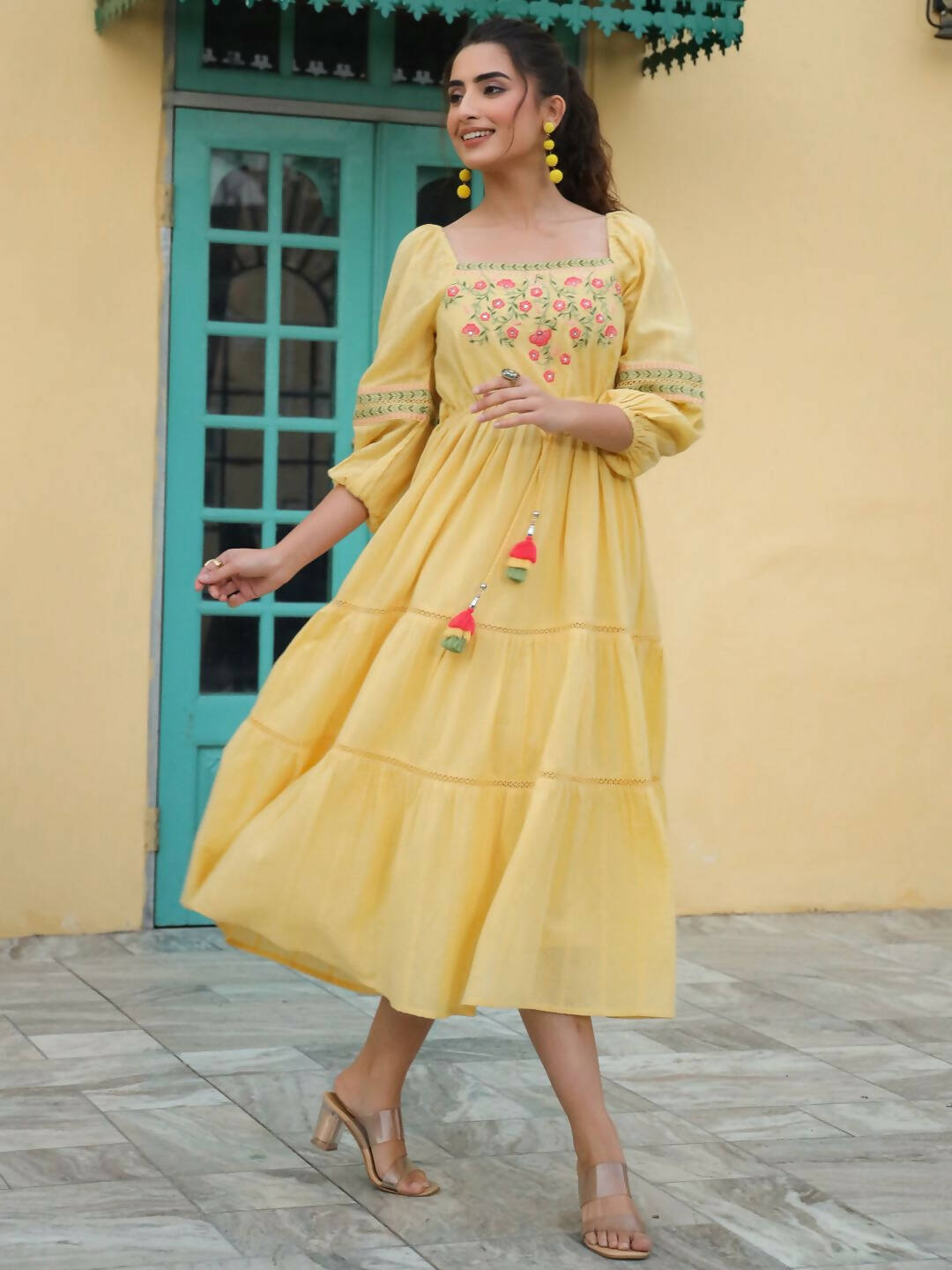 Juniper Women's Yellow Cotton Dobby Embroidered Flared Dress | Grocsy