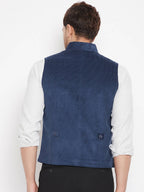 Even Apparels Blue Merino Men Woven Nehru Jacket | Grocsy