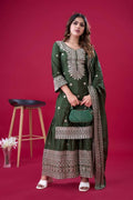 Teeya Creation Green Colour Chinnon Silk Heavy Embroidery Work Fully Stitched Salwar Suit | Grocsy