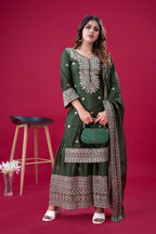 Teeya Creation Green Colour Chinnon Silk Heavy Embroidery Work Fully Stitched Salwar Suit | Grocsy