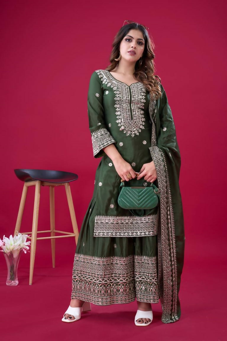 Teeya Creation Green Colour Chinnon Silk Heavy Embroidery Work Fully Stitched Salwar Suit | Grocsy