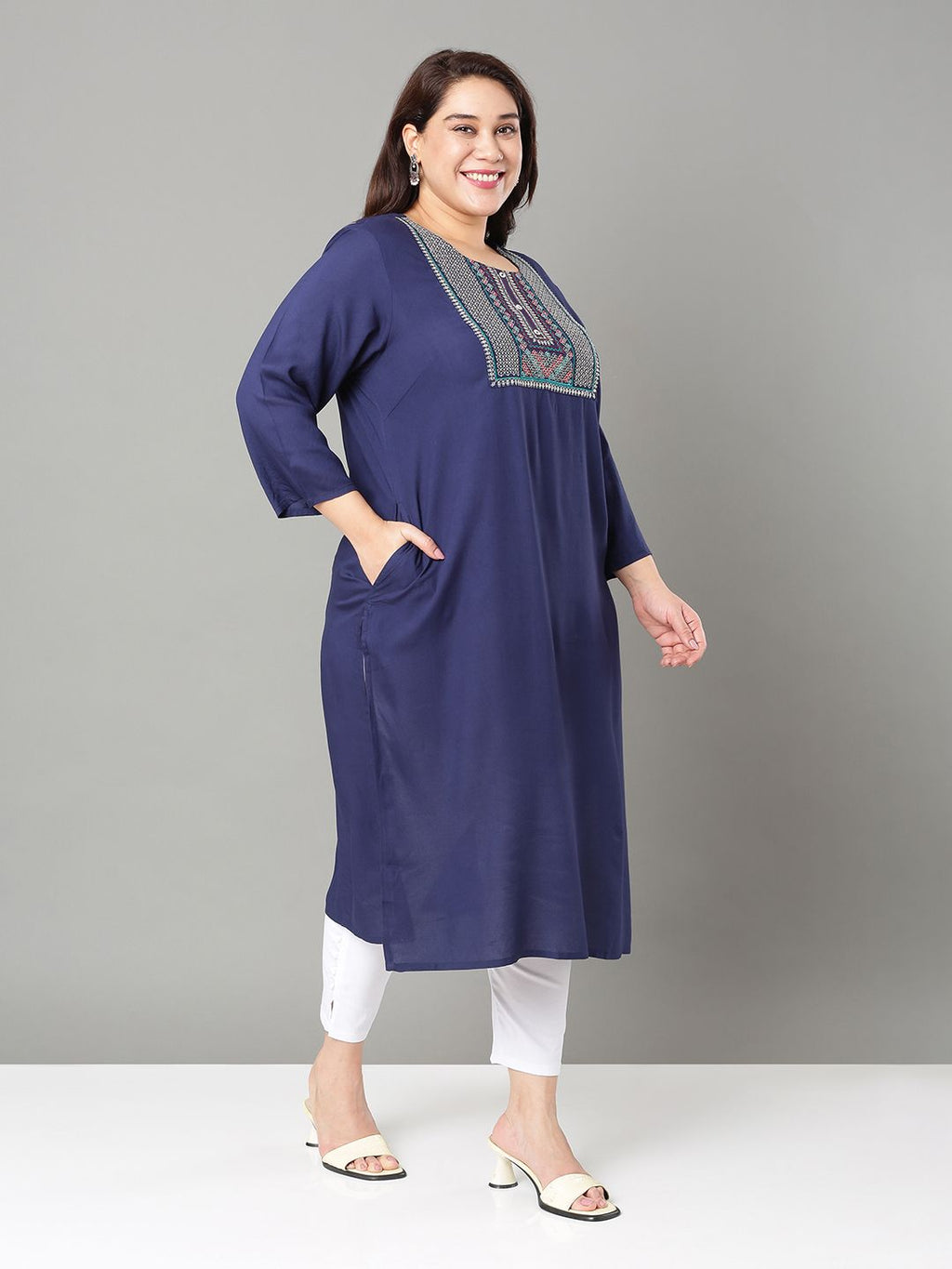 Sztori Plus Size Floral Yoke Design Sequinned Straight Kurta | Grocsy