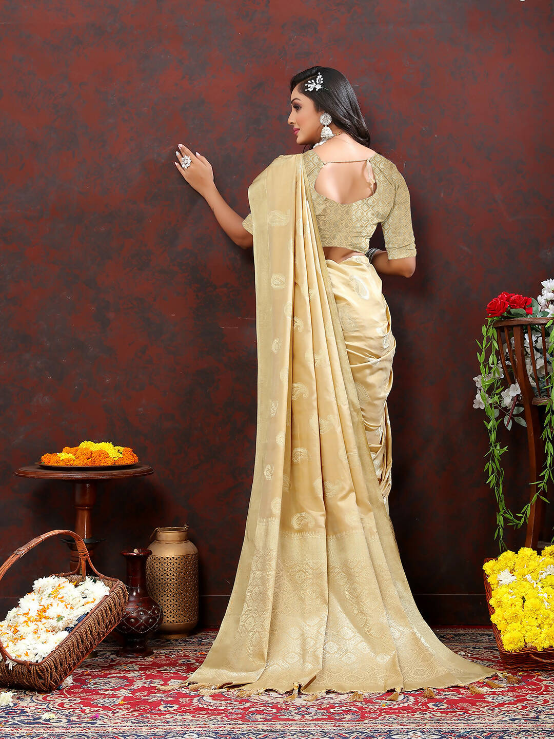 Lorenvalley Fashion Cream Cotton Woven Design with Zari Weaving Design Saree | Grocsy