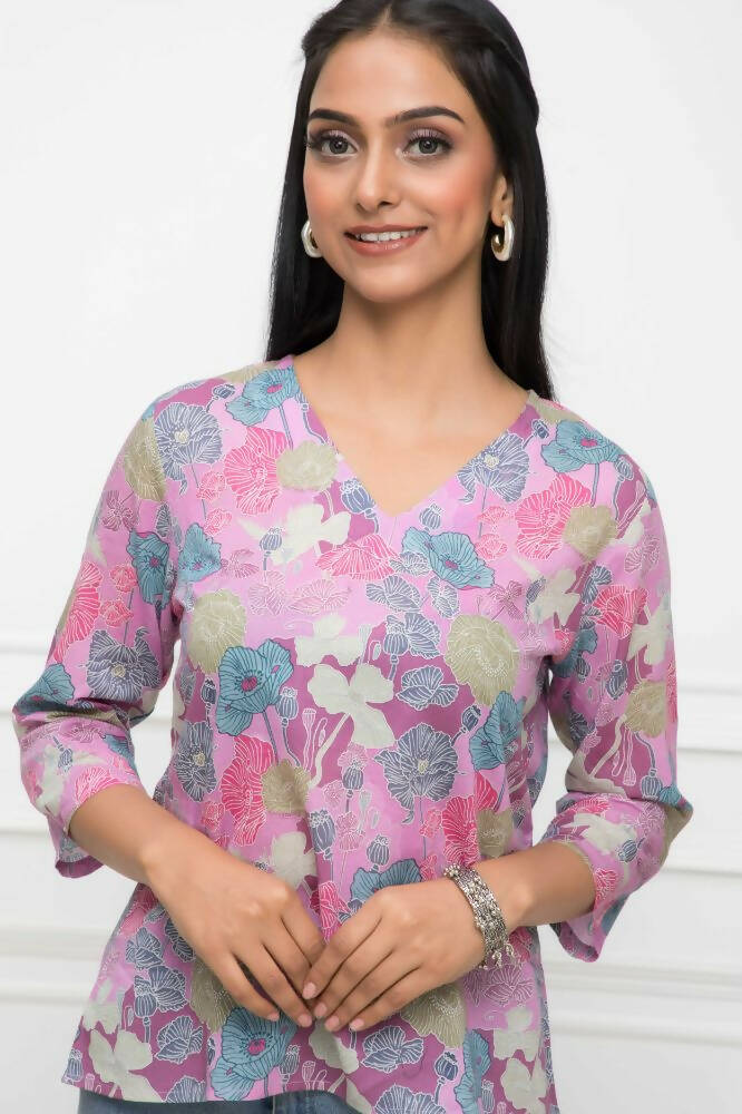 Myshka Women Multi Floral V-Neck Regular Sleeves Viscose Rayon Top | Grocsy