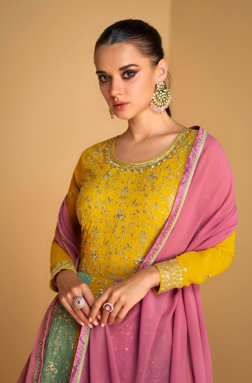 Lorenvalley Fashion Yellow Faux Georgette Embroidery with Sequince Work Gown Stitched | Grocsy