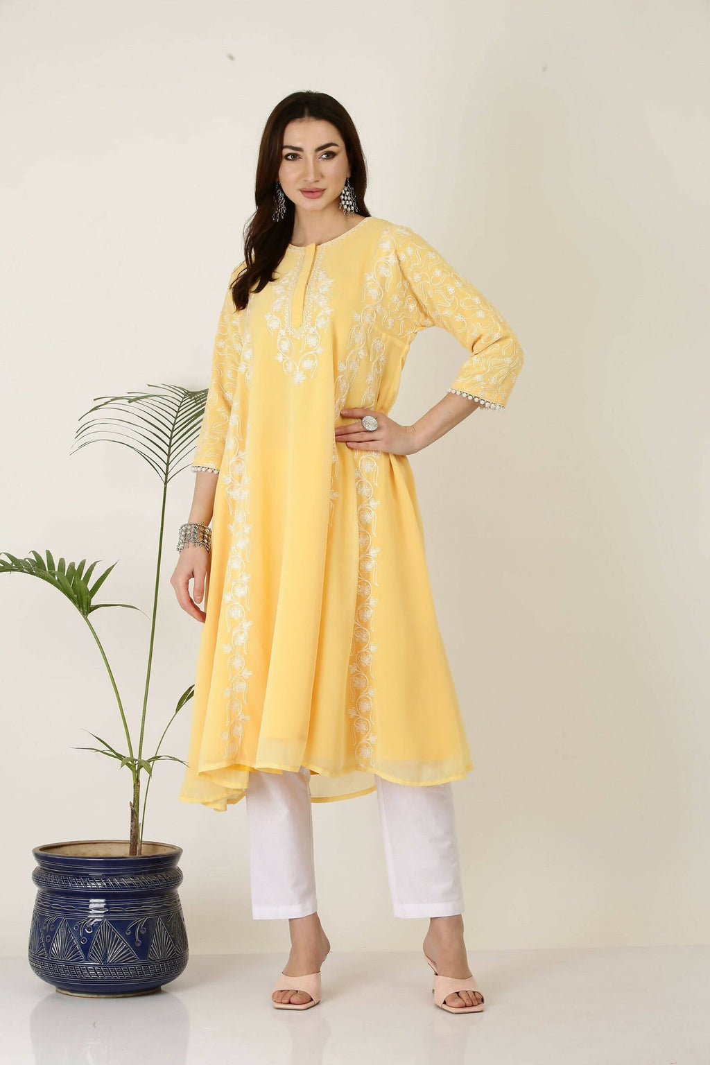 Joban Fashion Yellow&White Georgette Kurta Set | Grocsy