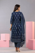 Juniper Women Indigo Cotton Cambric Batik texture Printed Kurta, Pants and Dupatta Set | Grocsy