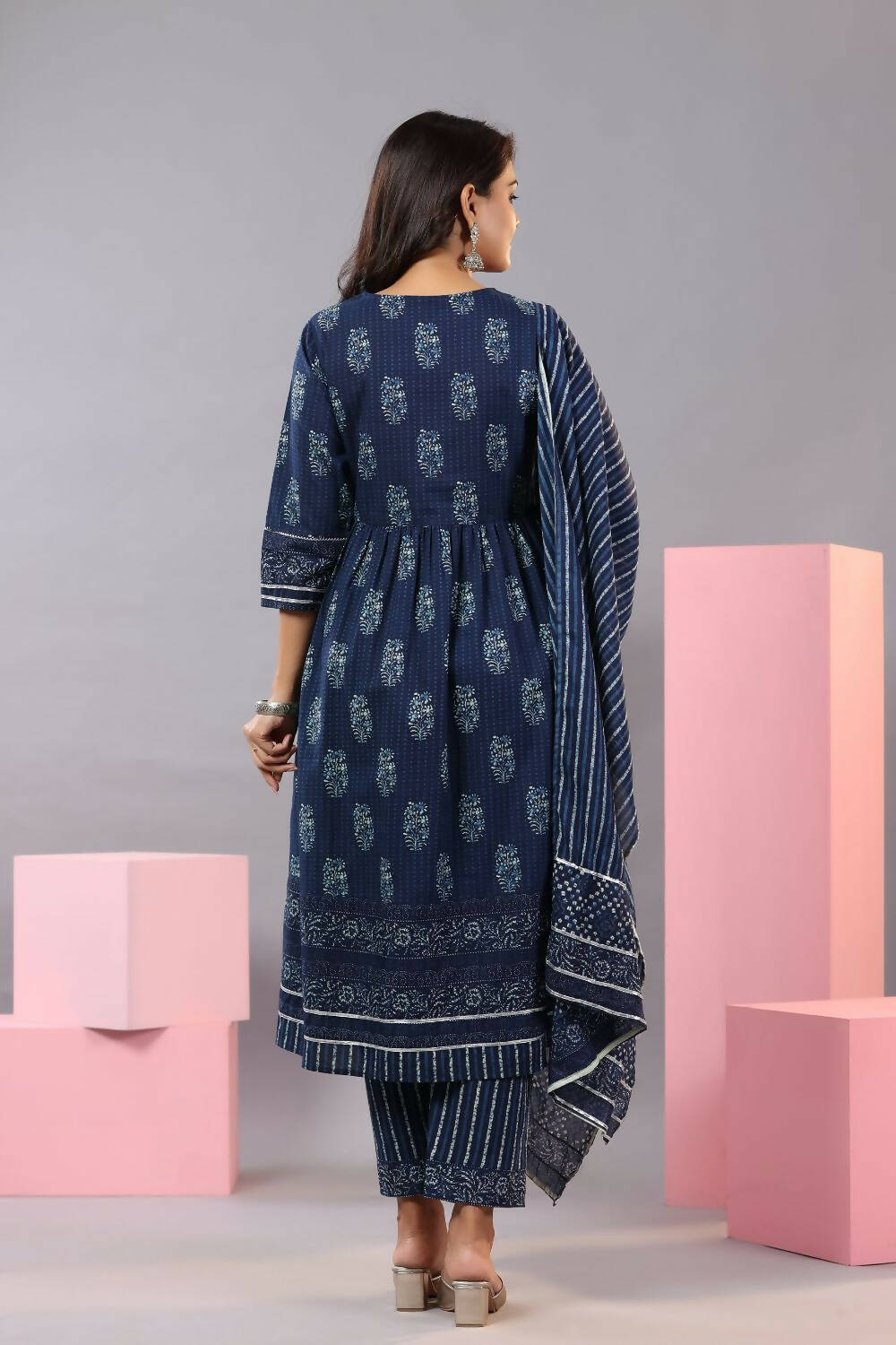 Juniper Women Indigo Cotton Cambric Batik texture Printed Kurta, Pants and Dupatta Set | Grocsy