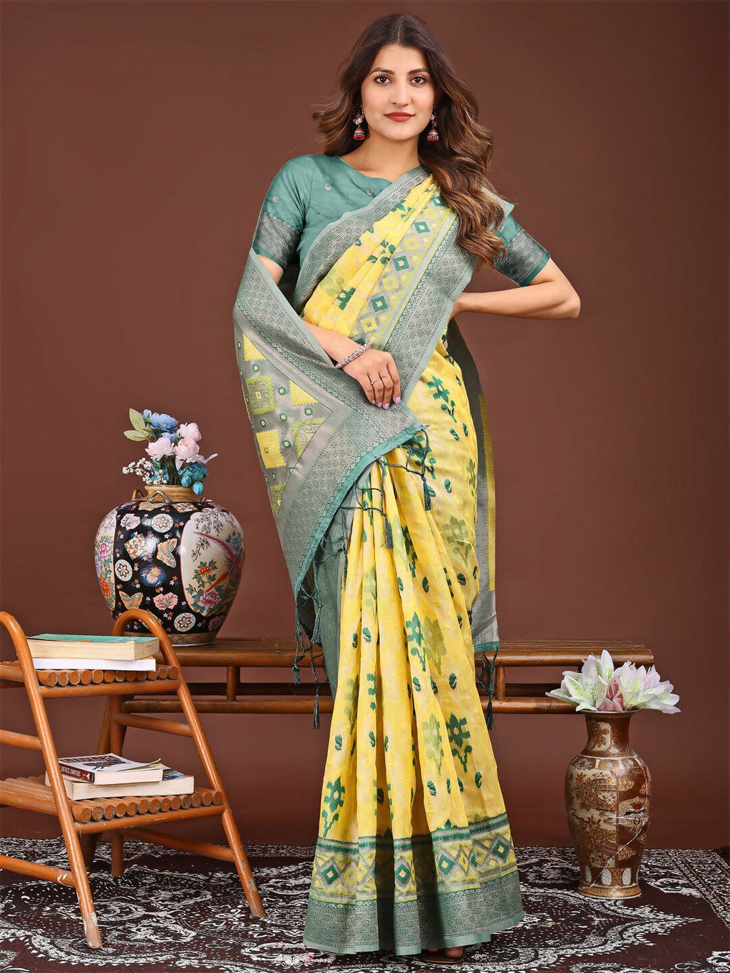 Shree Shyam Fashion Linen Cotton Yellow Saree | Grocsy