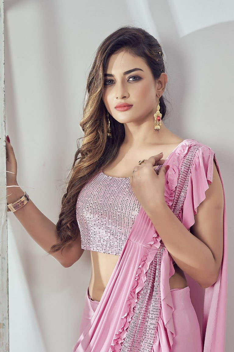 Mahotsav Women's Pink Lycra Embellished Ready To Wear Saree With Stitched Blouse | Grocsy