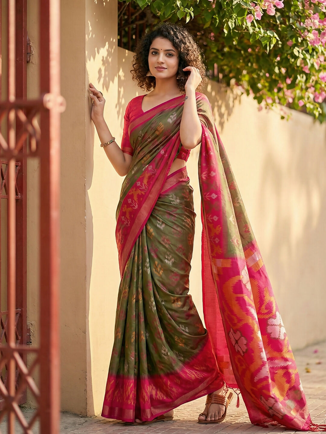 Shree Shyam Fashion Olive Green Pochampally Silk Saree | Grocsy