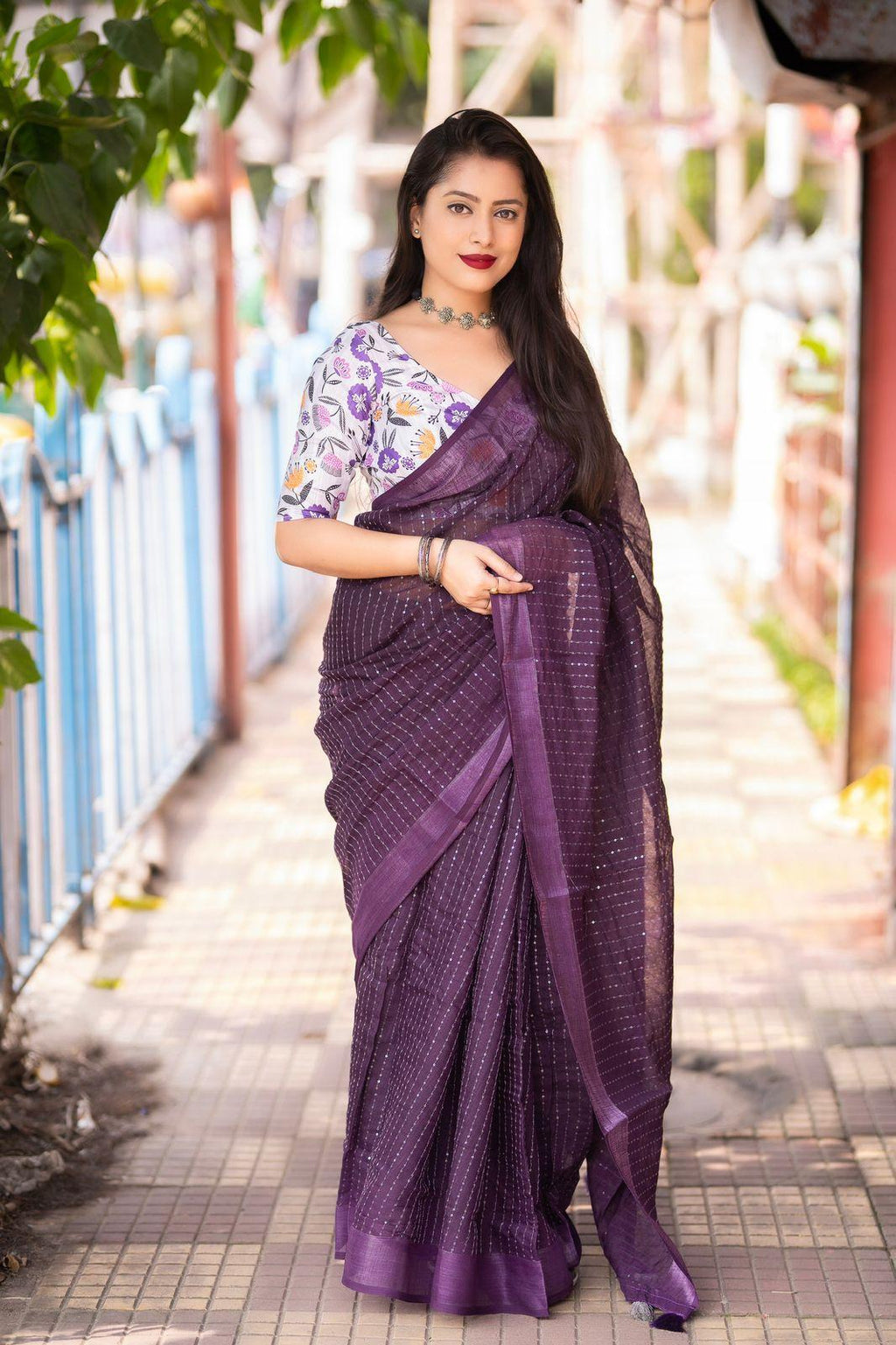 Purple Linen Sequence Saree with Unstitched Blouse - Hiral Fashion | Grocsy