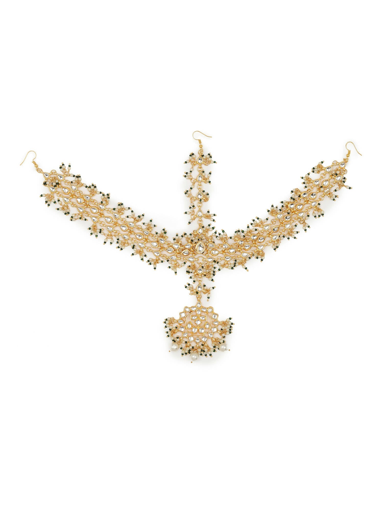 Gold-Polished White Green Kundan-Studded Pearl Beaded Matha Patti - Ruby Raang | Grocsy