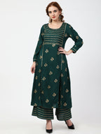 Cheera Embellished Daily Wear Cotton Blend Kurta With Palazoo - Bottle Green | Grocsy