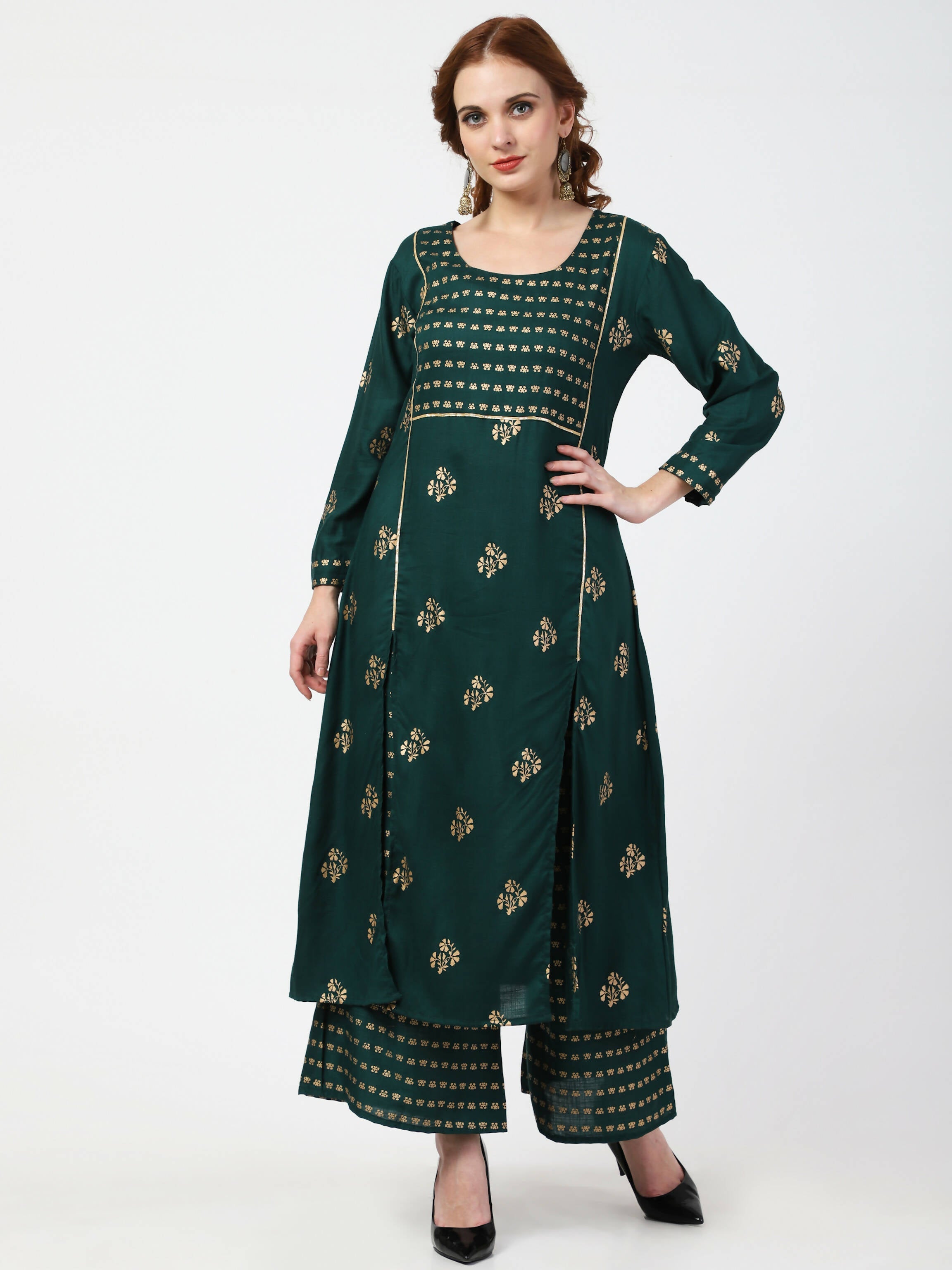 Cheera Embellished Daily Wear Cotton Blend Kurta With Palazoo - Bottle Green | Grocsy