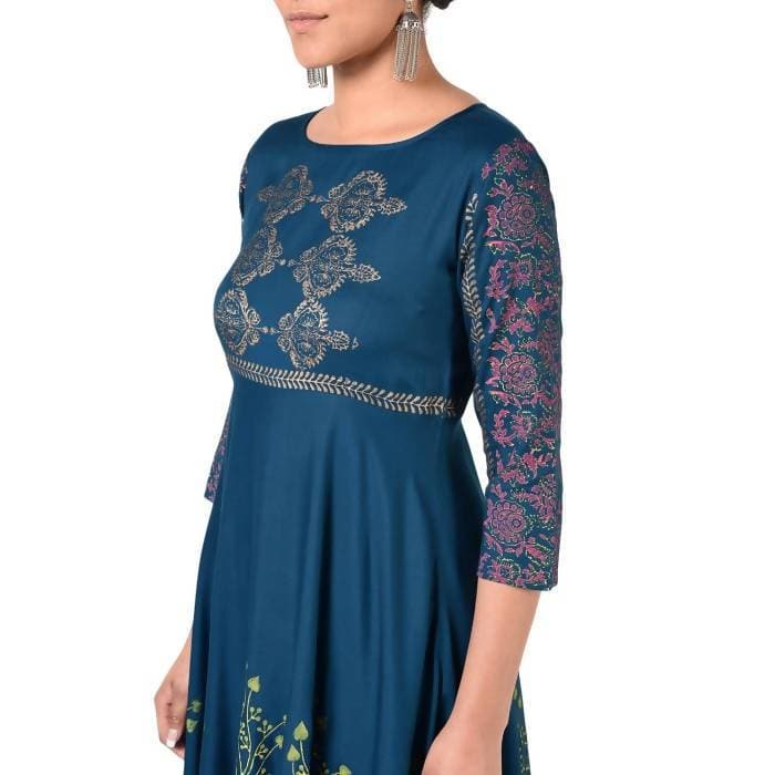 Aniyah Rayon Floral Print Flared Kurta Blue (AN-160K) | Grocsy
