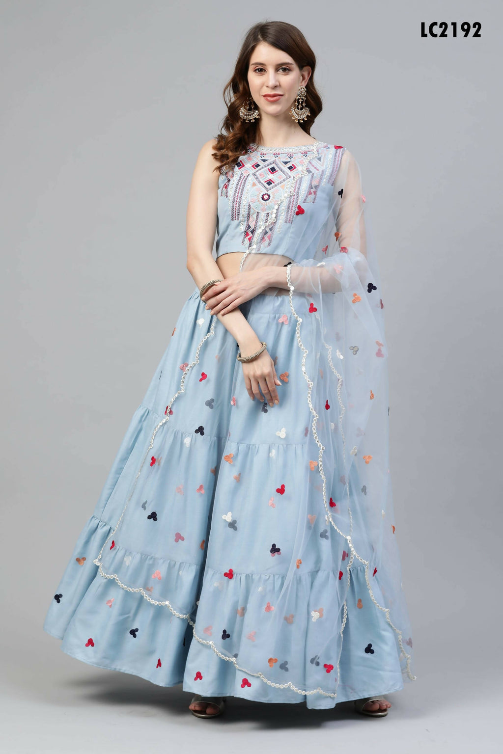 Sky Blue Cotton Embroidered Work Lehenga Choli with Dupatta - Jivika | Grocsy