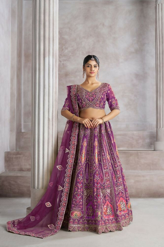 Kesar Fab Purple Banarasi Silk Hand_Woven Lehenga | Grocsy