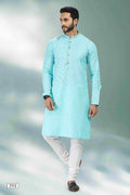 Raivat Ethnic Linen Cotton Pintux Work Kurta Pajama In Sky Blue Colour | Grocsy