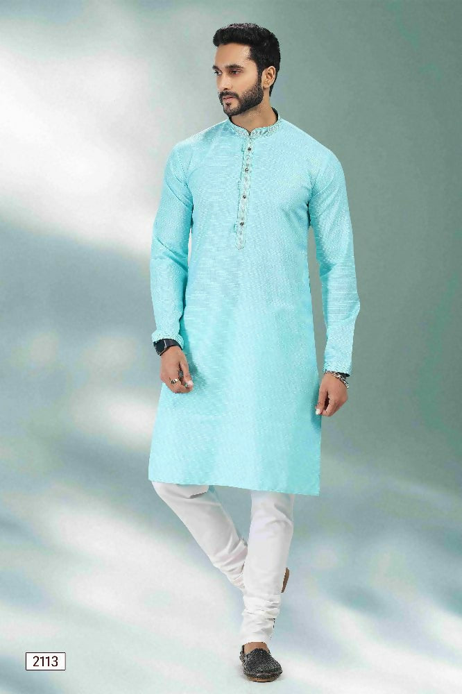 Raivat Ethnic Linen Cotton Pintux Work Kurta Pajama In Sky Blue Colour | Grocsy