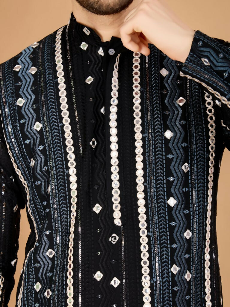 Vastranavya Black Exclusive Festival Wear Pure Viscose Rayon Sequence & Foil Mirror Heavy Embroidered Work Kurta | Grocsy